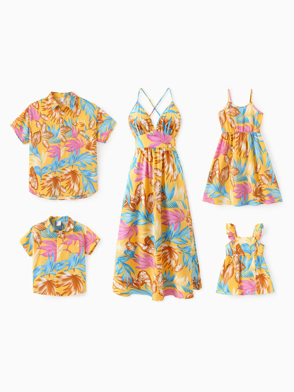 Family Matching Yellow Set Tropical Leaf Print Short-sleeve Shirt or Strap Dress Yellow