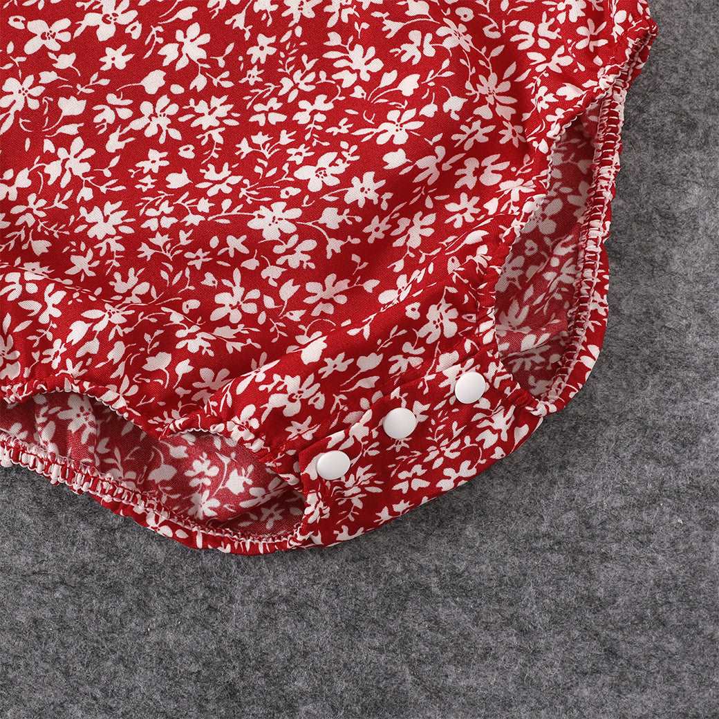 All Over Red Floral Print Off Shoulder Short-sleeve Shirred Dress for Mom and Me - 20366978
