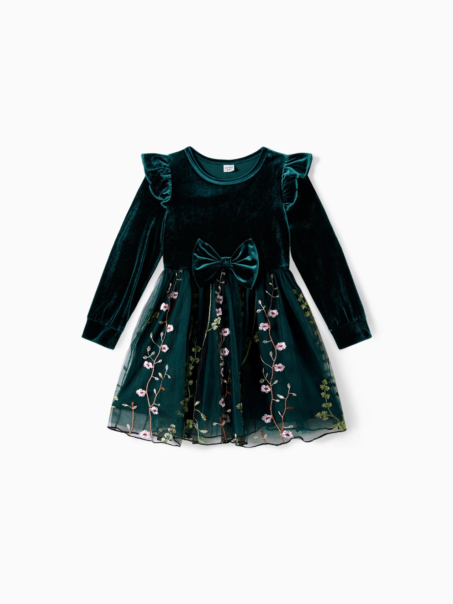 Mommy and Me Casual Dresses - Big Flower Print, Medium Thickness, Short Sleeve, Opaque, Regular Fit Dark Green