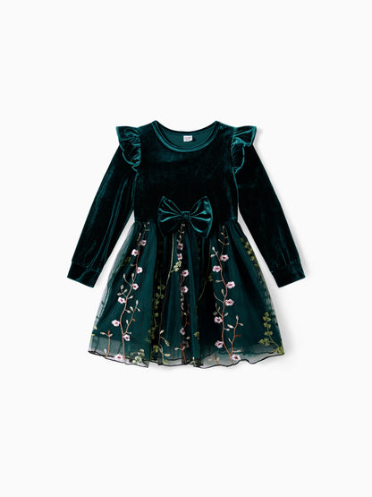 Mommy and Me Casual Dresses - Big Flower Print, Medium Thickness, Short Sleeve, Opaque, Regular Fit Dark Green