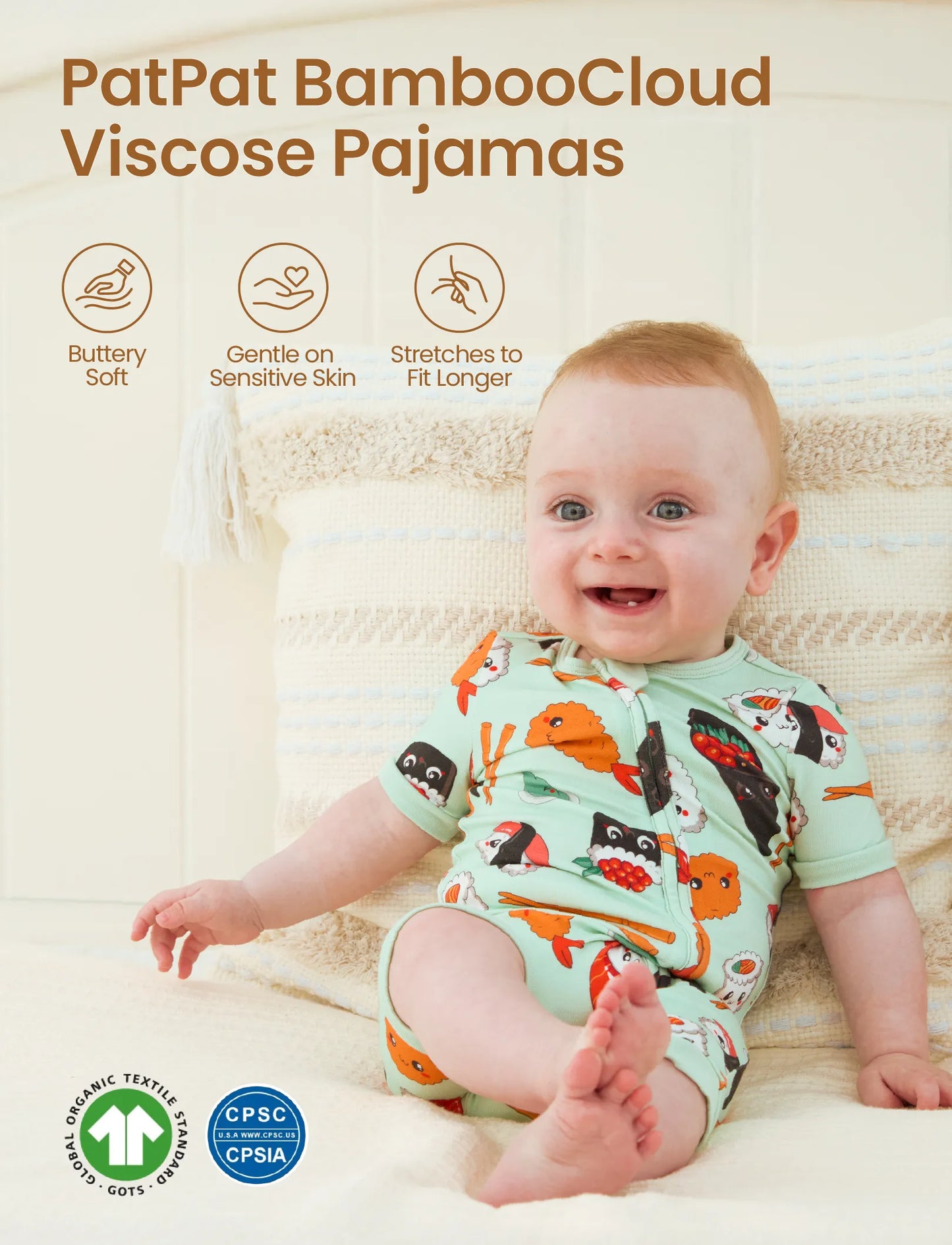 Bamboo Baby Boy / Girl 2-Way Zip Onesies Anti Slip Childlike Food Pattern Bamboo Sleepwear (Snug-Fitting)
 Green