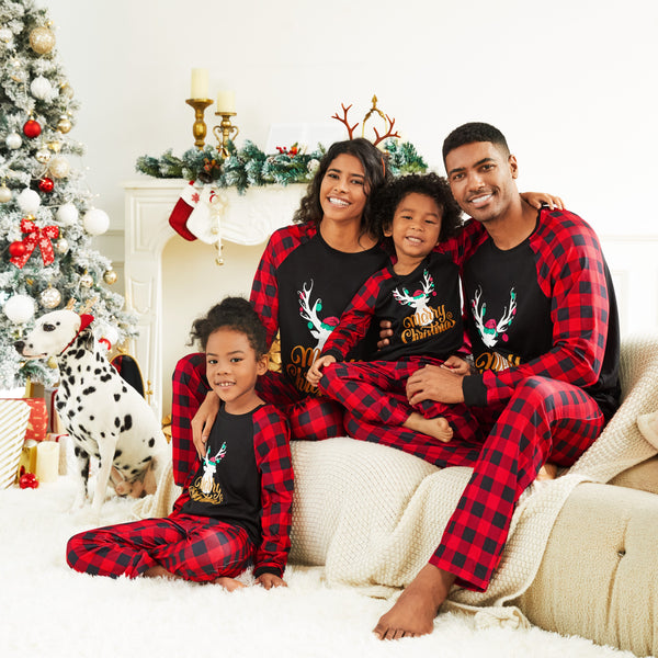 Merry Christmas Letter Antler Print Plaid Splice Matching Pajamas Sets for Family (Flame Resistant)