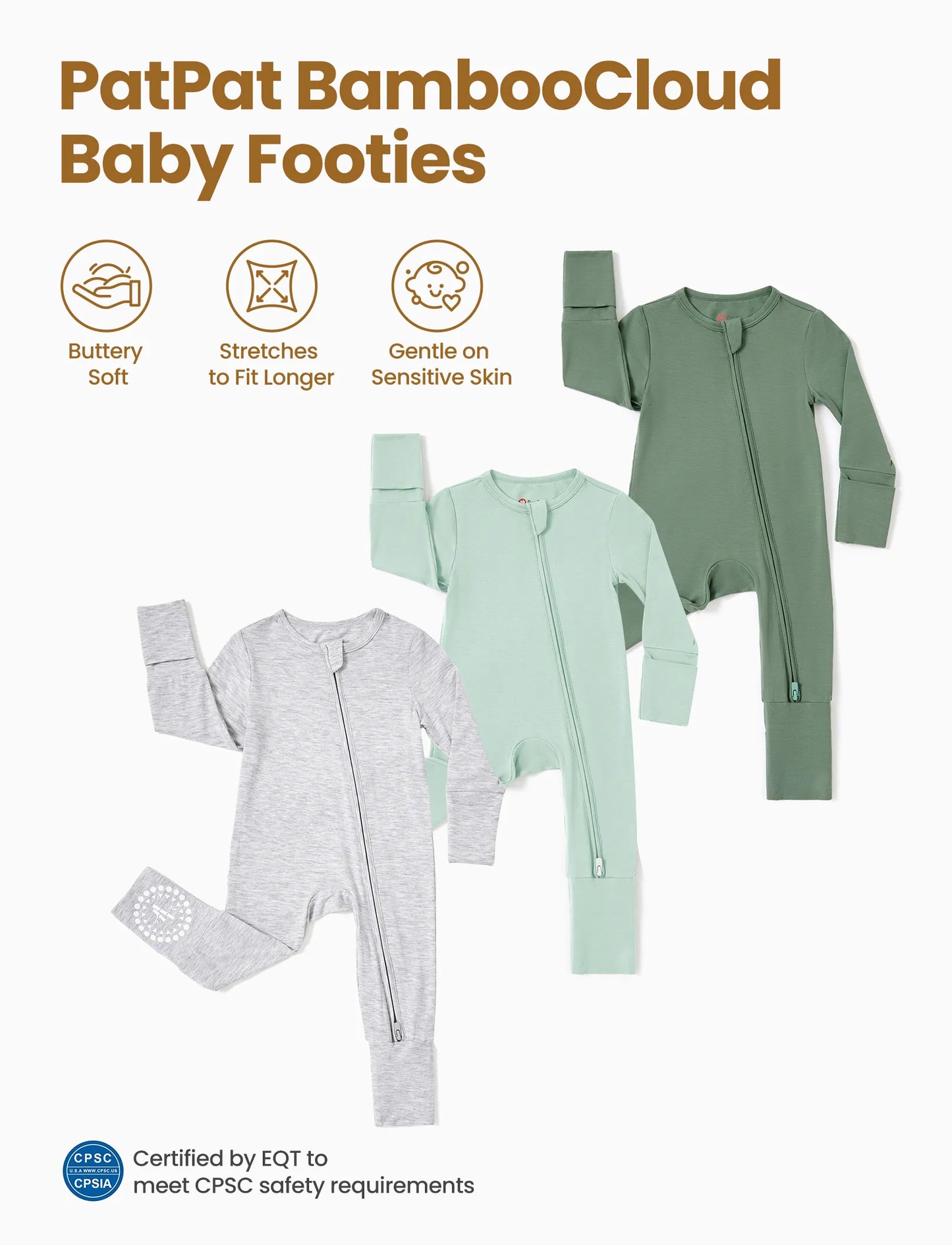 Bamboo Baby Boy / Girl 3-Pack Solid&Rainbow Printed 2-Way Zipper Anti Slip Long-sleeve Footie Green