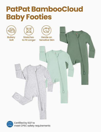 Bamboo Baby Boy / Girl 3-Pack Solid&Rainbow Printed 2-Way Zipper Anti Slip Long-sleeve Footie Green