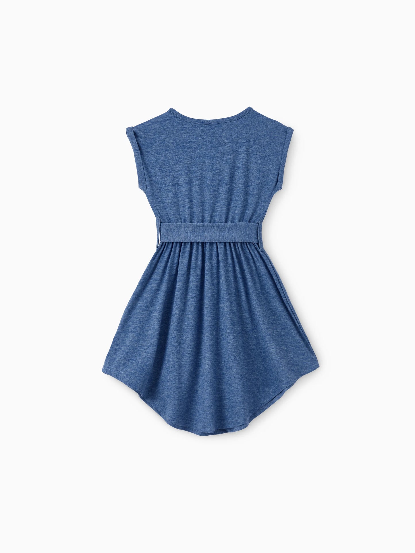 Mommy and Me Family Matching Soft Casual Outfit with Below Knee Dresses, Front Buttons, Belted Design Blue