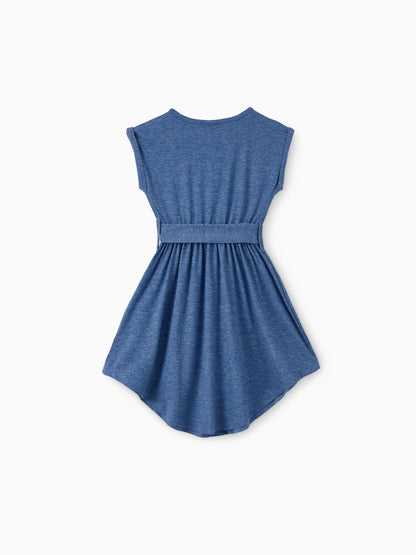 Mommy and Me Family Matching Soft Casual Outfit with Below Knee Dresses, Front Buttons, Belted Design Blue
