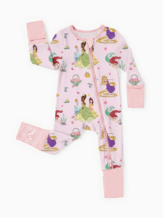Disney Princess Bamboo Baby Girl Ariel/Belle/Tiana 2-Way Zip Onesies Anti Slip Long-sleeve Footie Pink