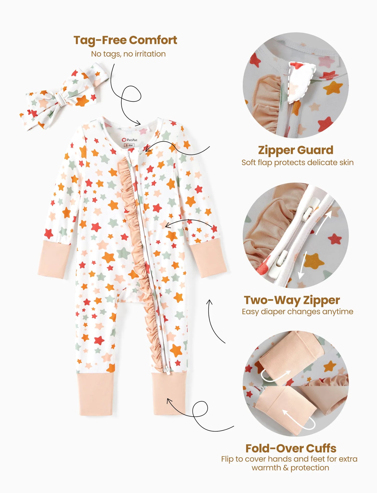 Bamboo Baby Boy/Girl Animal Printed 2-Way Zipper Anti Slip Long-sleeve Footie with/without Hairband Apricot