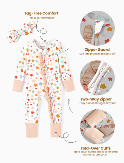 Bamboo Baby Boy/Girl Animal Printed 2-Way Zipper Anti Slip Long-sleeve Footie with/without Hairband Apricot