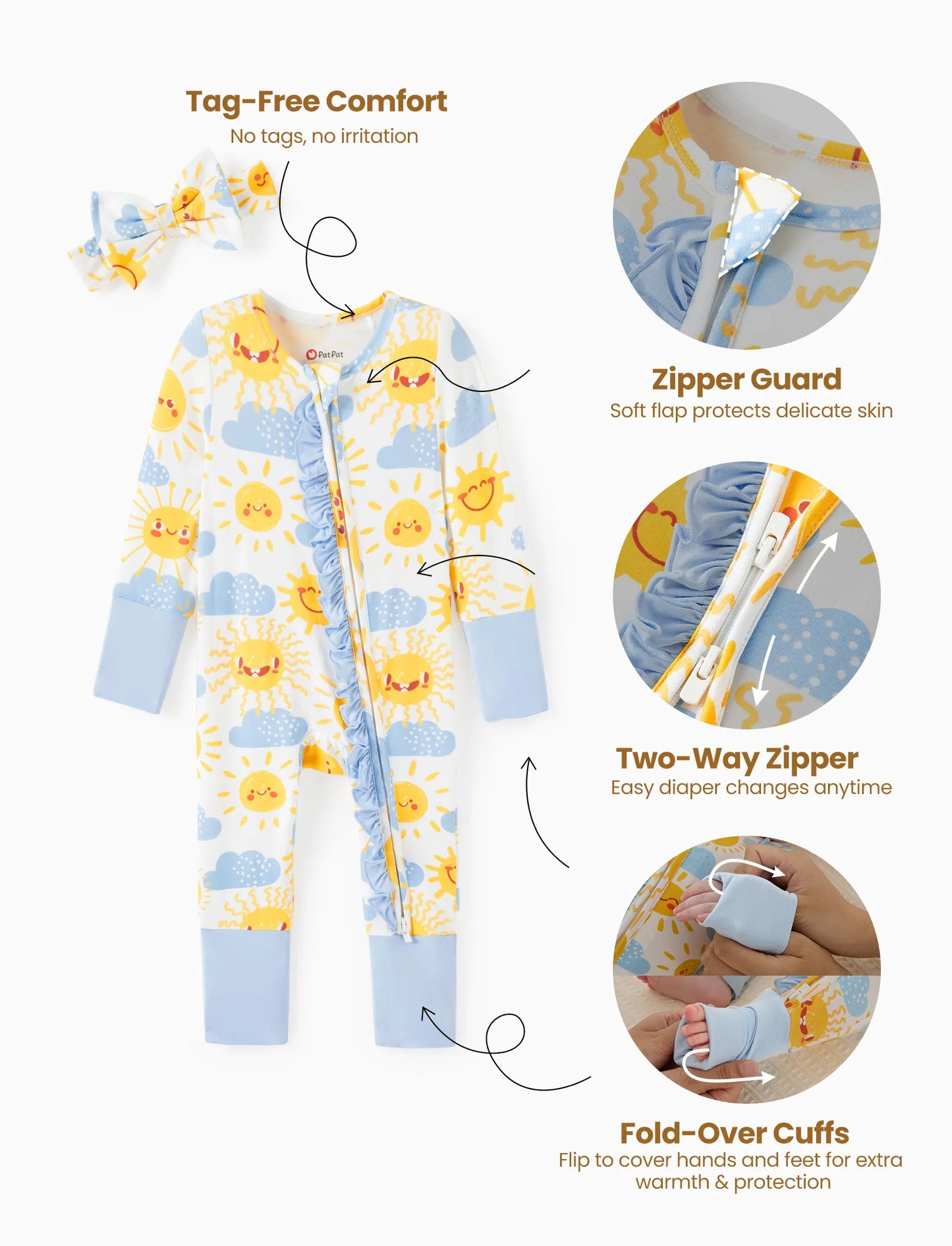 Bamboo Baby Boy/Girl Animal Printed 2-Way Zipper Anti Slip Long-sleeve Footie with/without Hairband Light Blue