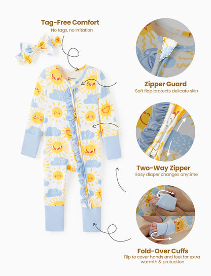 Bamboo Baby Boy/Girl Animal Printed 2-Way Zipper Anti Slip Long-sleeve Footie with/without Hairband Light Blue