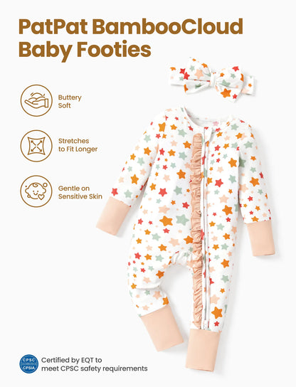 Bamboo Baby Boy/Girl Animal Printed 2-Way Zipper Anti Slip Long-sleeve Footie with/without Hairband Apricot