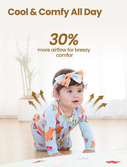 Bamboo Baby Boy/Girl Animal Printed 2-Way Zipper Anti Slip Long-sleeve Footie with/without Hairband Turquoise