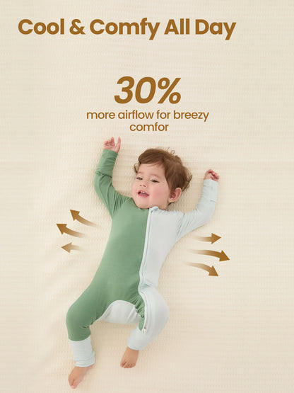 Bamboo Baby Boy / Girl Color Block 2-Way Zipper Anti Slip Long Sleeve Rompers Green