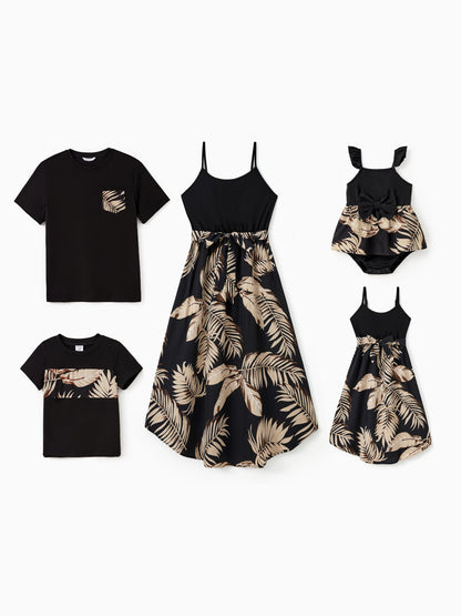 Family Matching Floral Print Belted Cami Dresses And Solid Short Sleeve Tops Sets Black