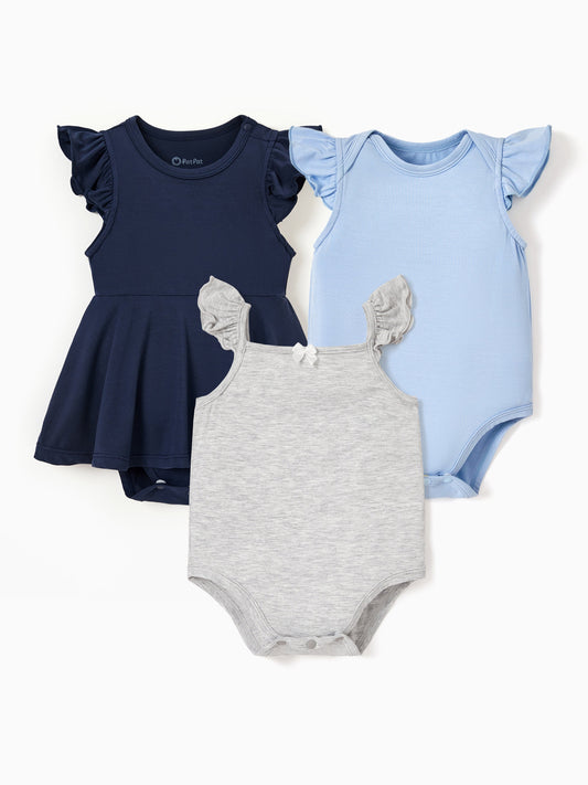Bamboo Baby Girl Solid Color 3-Piece Rompers Set Blue