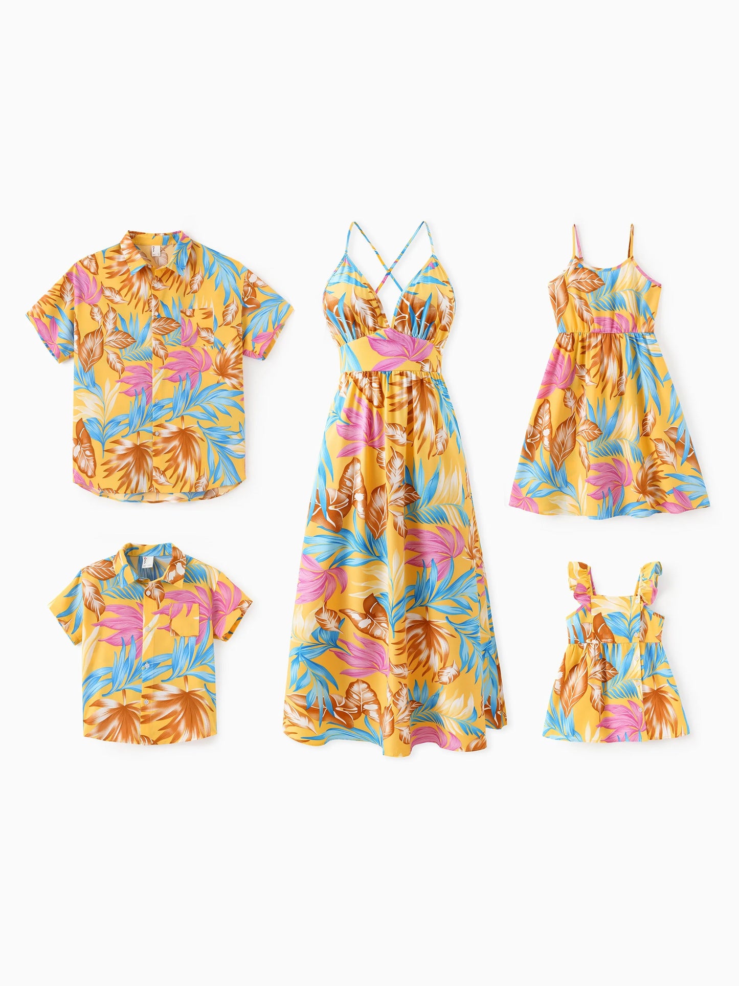 Family Matching Yellow Set Tropical Leaf Print Short-sleeve Shirt or Strap Dress Yellow