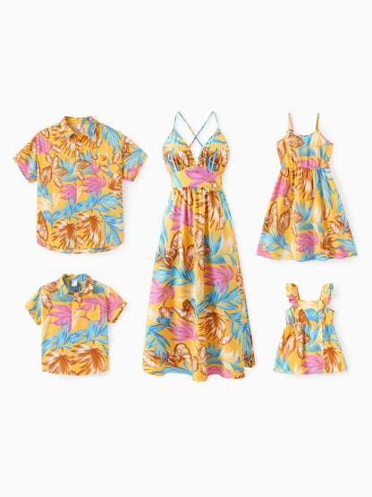 Family Matching Yellow Set Tropical Leaf Print Short-sleeve Shirt or Strap Dress Yellow