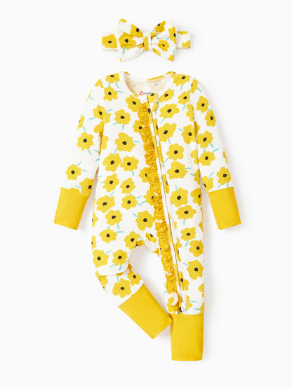 Bamboo Baby Boy/Girl Animal Printed 2-Way Zipper Anti Slip Long-sleeve Footie with/without Hairband Yellow