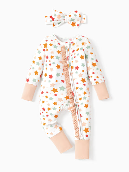 Bamboo Baby Boy/Girl Animal Printed 2-Way Zipper Anti Slip Long-sleeve Footie with/without Hairband Apricot