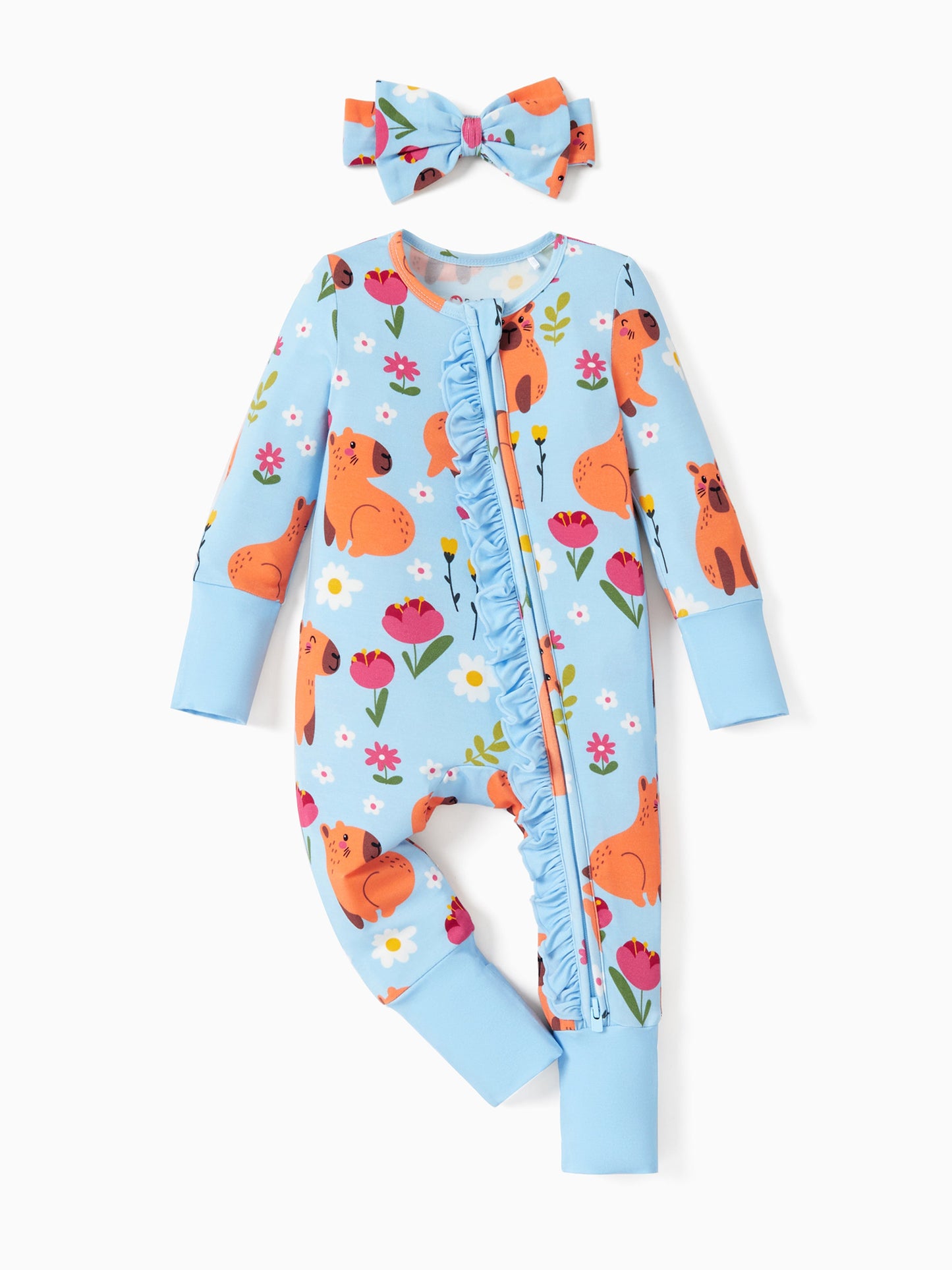 Bamboo Baby Boy/Girl Animal Printed 2-Way Zipper Anti Slip Long-sleeve Footie with/without Hairband Turquoise