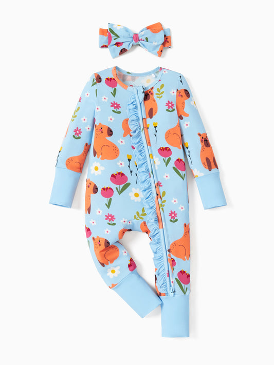 Bamboo Baby Boy/Girl Animal Printed 2-Way Zipper Anti Slip Long-sleeve Footie with/without Hairband Turquoise
