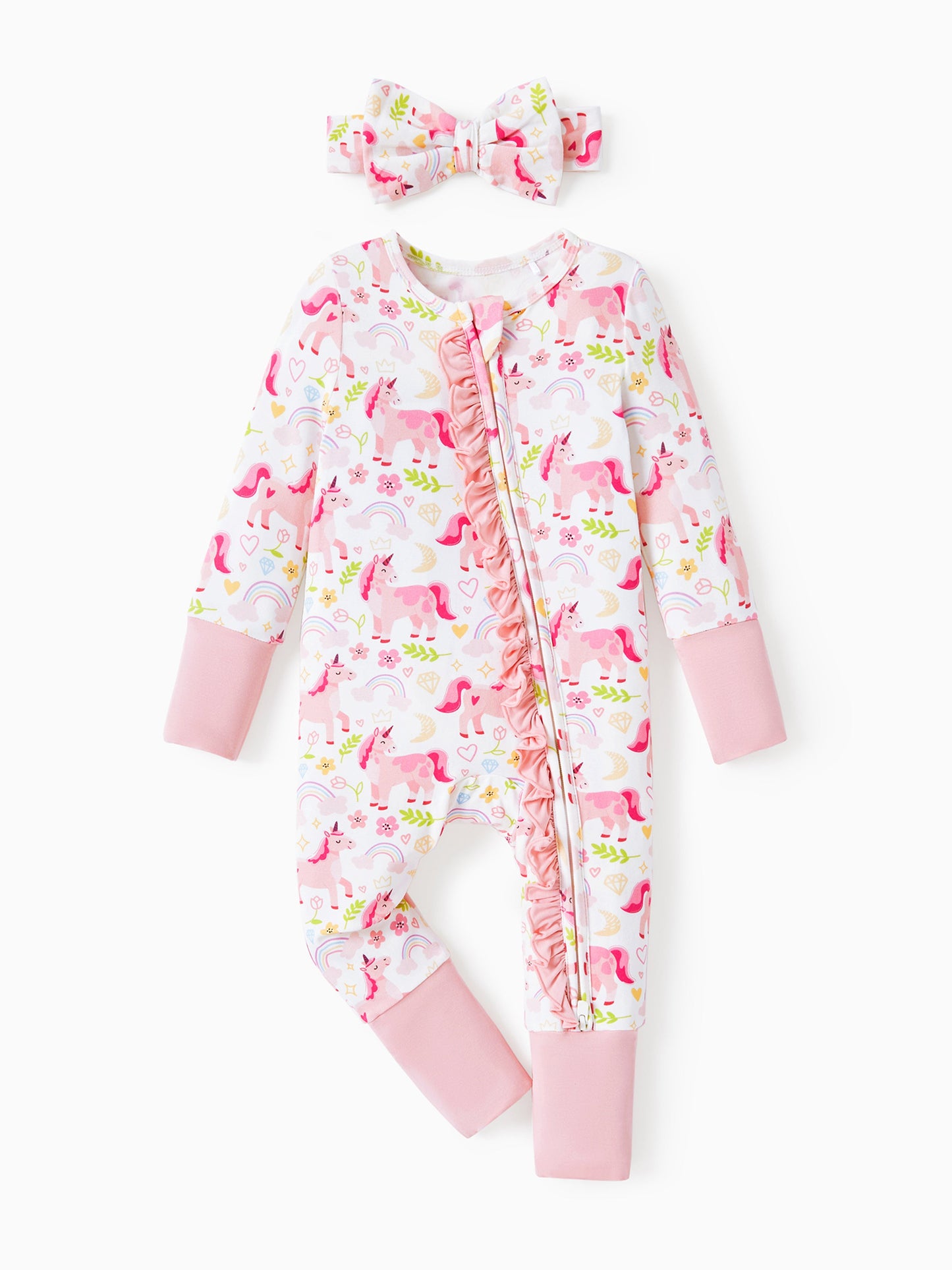 Bamboo Baby Boy/Girl Animal Printed 2-Way Zipper Anti Slip Long-sleeve Footie with/without Hairband Pink