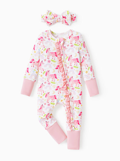 Bamboo Baby Boy/Girl Animal Printed 2-Way Zipper Anti Slip Long-sleeve Footie with/without Hairband Pink