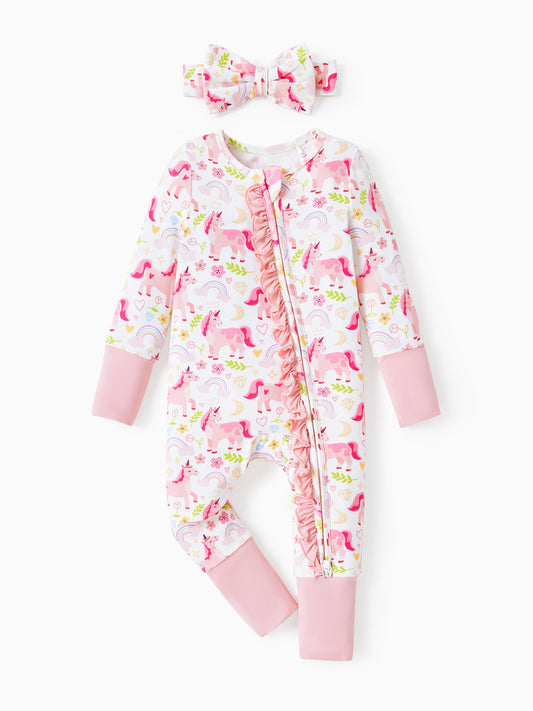 Bamboo Baby Boy/Girl Animal Printed 2-Way Zipper Anti Slip Long-sleeve Footie with/without Hairband Pink