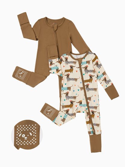 Bamboo Baby Boy/Girl 2-Pack Solid&Bee Printed 2-Way Zipper Anti Slip Footie Coffee