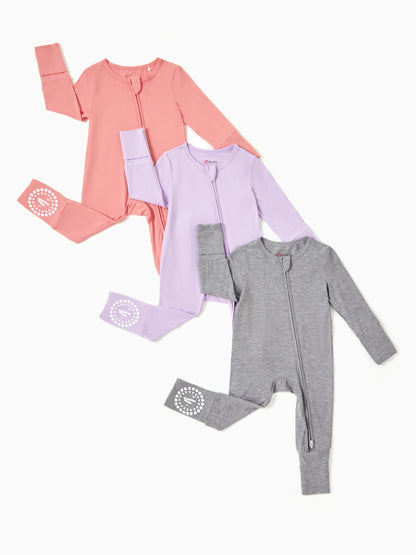 Bamboo Baby Boy / Girl 3-Pack Solid&Rainbow Printed 2-Way Zip Romper Anti Slip Long-sleeve Footie Purple