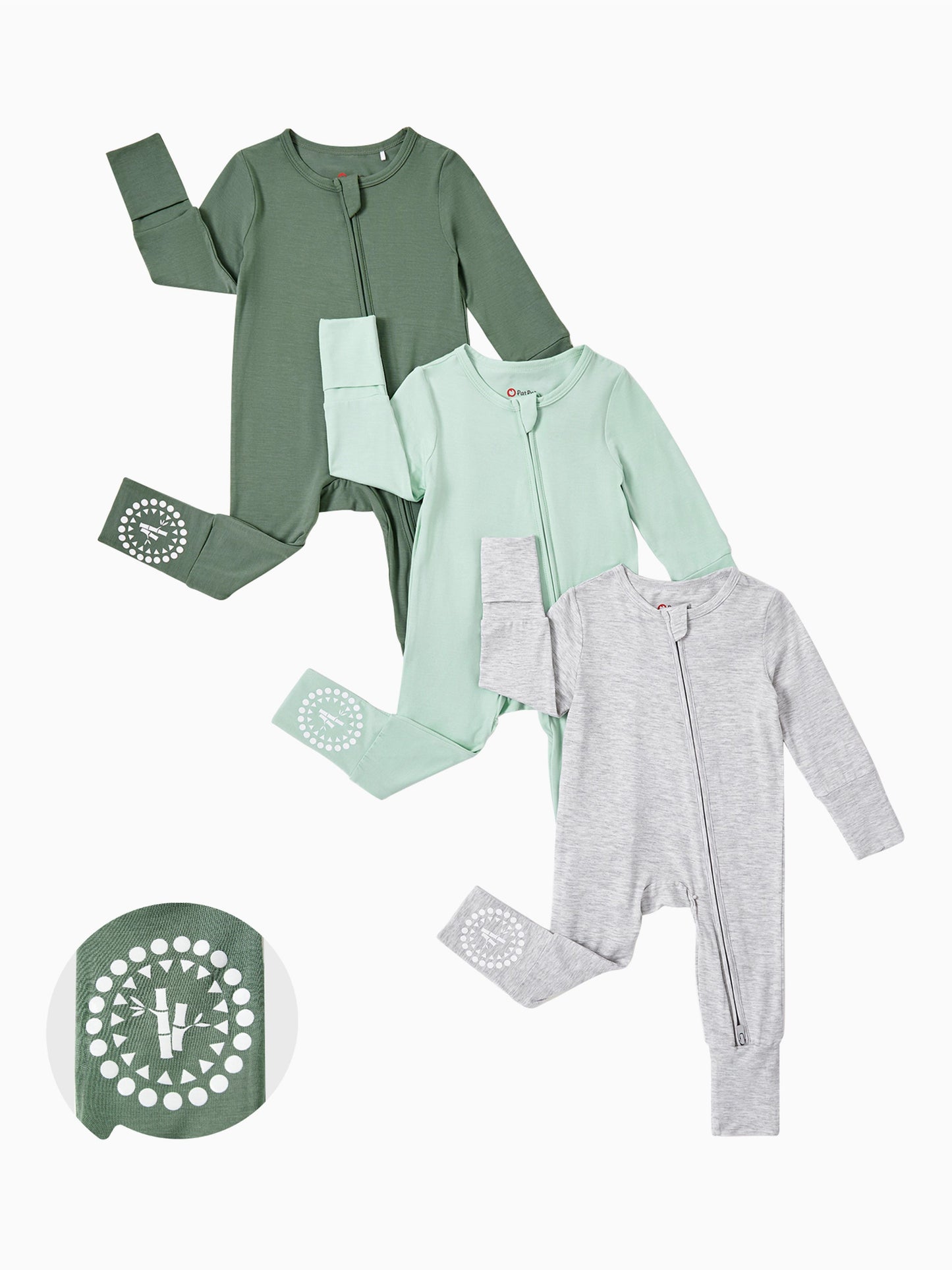 Bamboo Baby Boy / Girl 3-Pack Solid&Rainbow Printed 2-Way Zipper Anti Slip Long-sleeve Footie Green