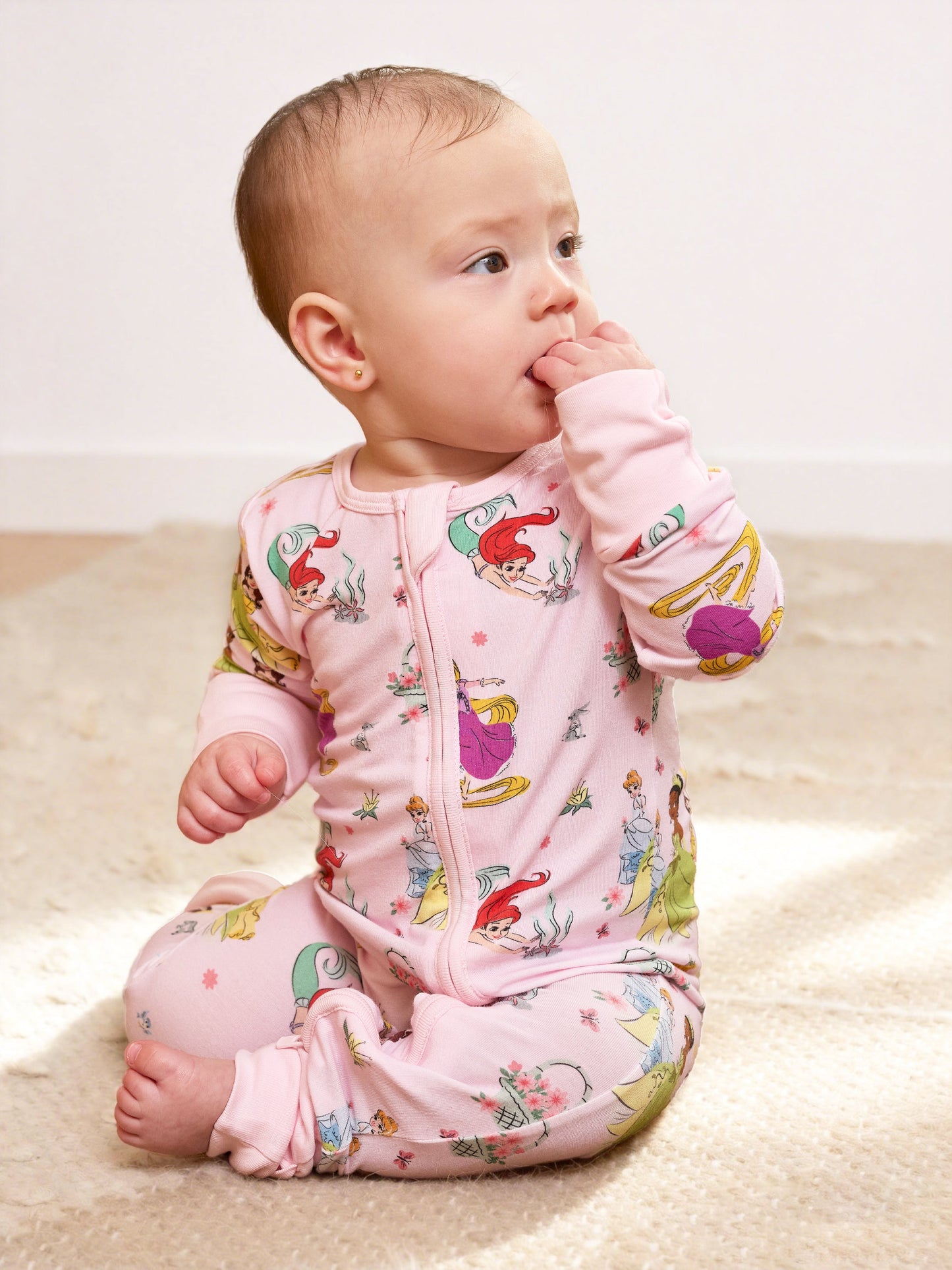 Disney Princess Bamboo Baby Girl Ariel/Belle/Tiana 2-Way Zip Onesies Anti Slip Long-sleeve Footie Pink
