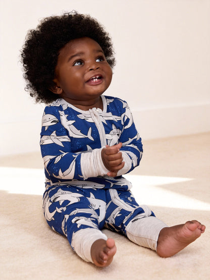 Bamboo Baby Boy/Girl Cartoon Printed 2-Way Zip Onesies Anti Slip Long-sleeve Footie Deep Blue