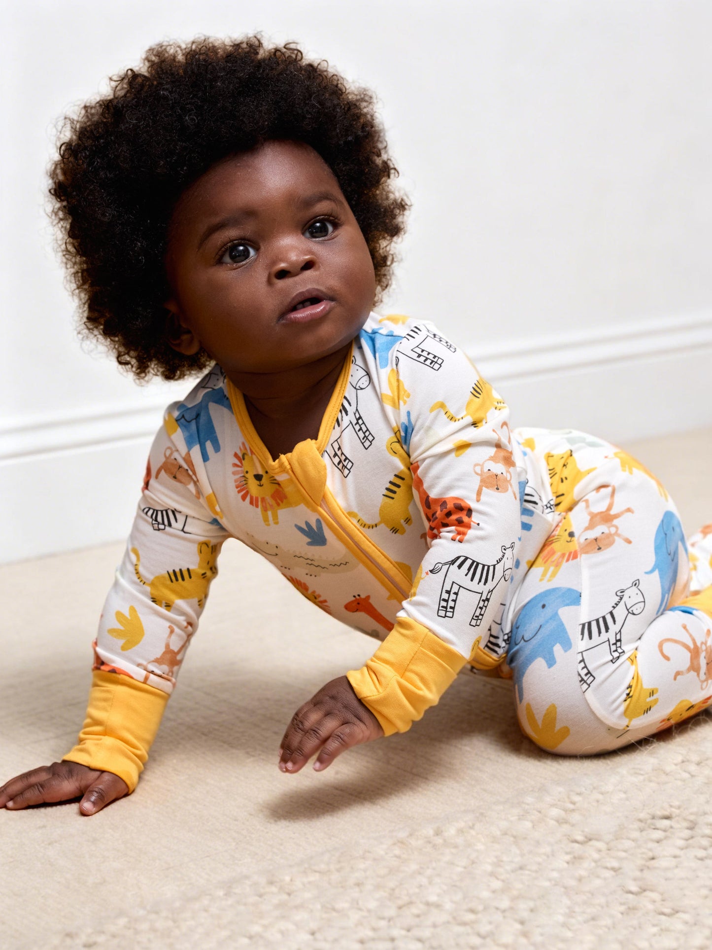 Bamboo Baby Boy/Girl Cartoon Printed 2-Way Zip Onesies Anti Slip Long-sleeve Footie Yellow