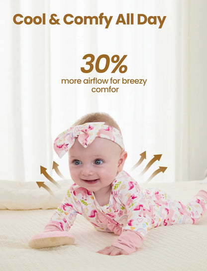 Bamboo Baby Boy/Girl Animal Printed 2-Way Zipper Anti Slip Long-sleeve Footie with/without Hairband Pink