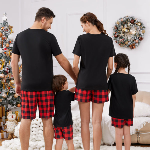 Christmas Hat and Letter Print Black Family Matching Short-sleeve Plaid Pajamas Sets (Flame Resistant)