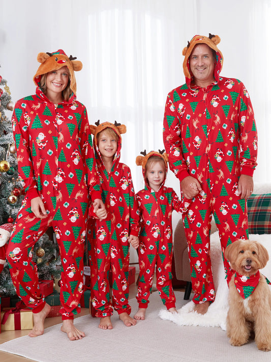 Christmas Family Pajamas Sets 3D Reindeer Hooded Allover Print Onesies with Christmas Socks Red
