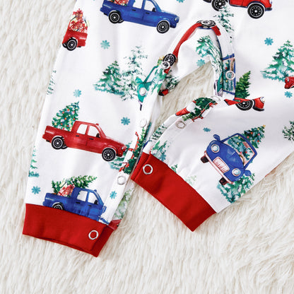 Christmas Allover red and Blue Car Print Family Matching Long-sleeve Pajamas Sets (Flame Resistant)
