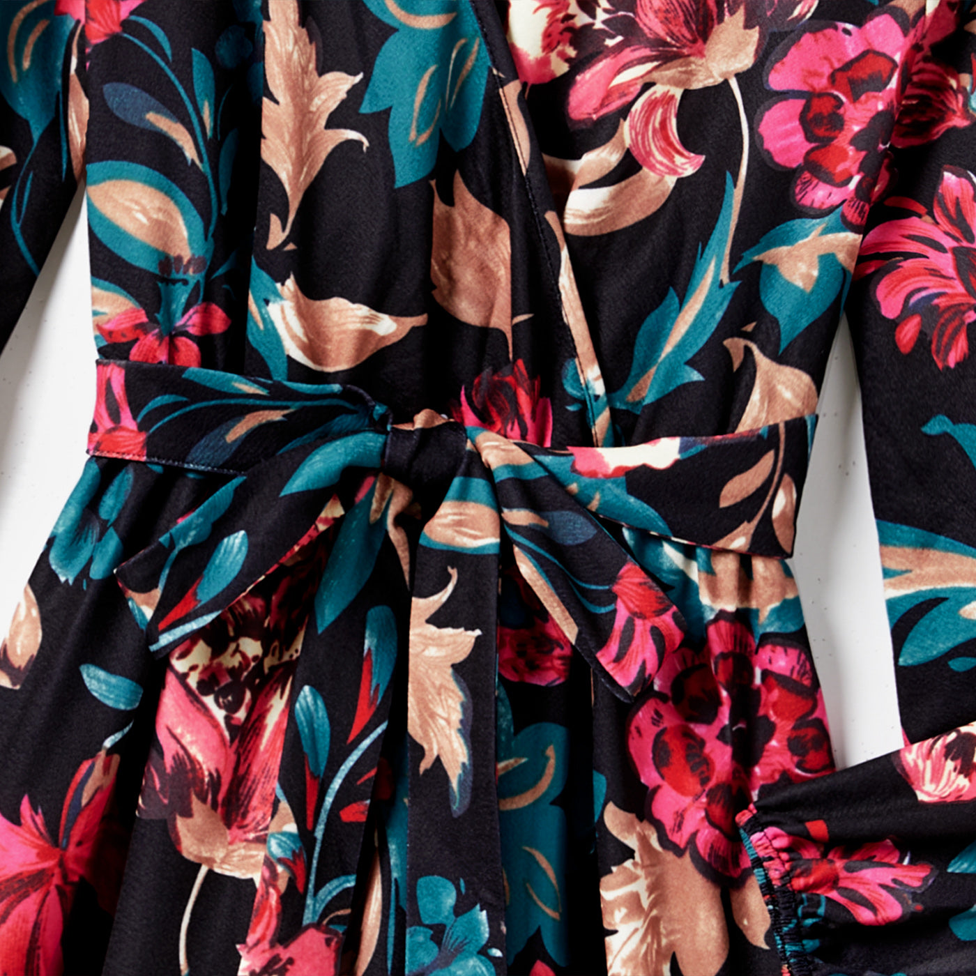 All Over Floral Print Cross Wrap V Neck Belted Long-sleeve Dress for Mom and Me