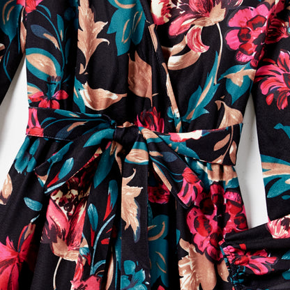 All Over Floral Print Cross Wrap V Neck Belted Long-sleeve Dress for Mom and Me