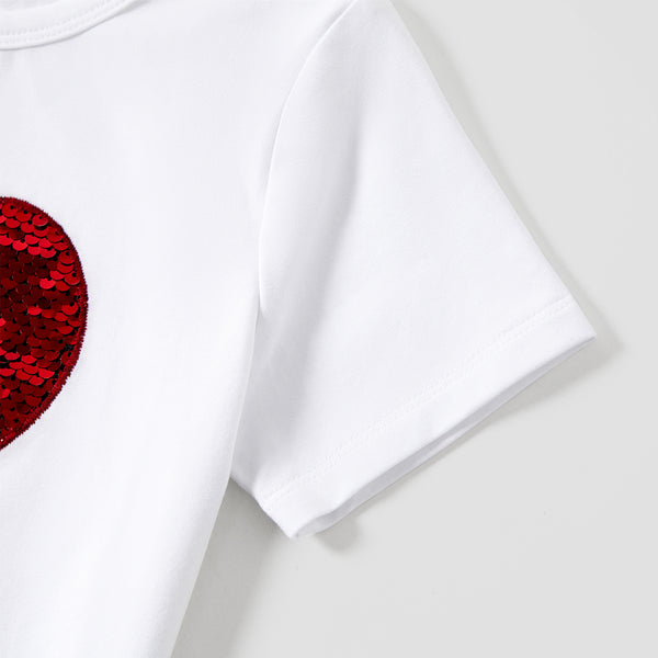 Valentine's Day Mommy and Me Heart Pattern Sparkling Reversible Sequin Embellished T-shirt Tops