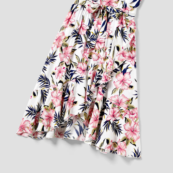 Family Matching Floral Wrap Bottom Strap Dress and Colorblock T-shirt Sets