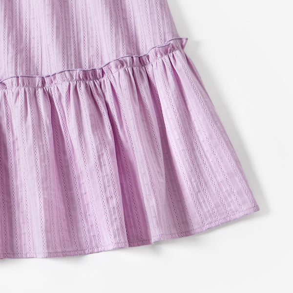 Mommy and Me Solid Color Purple Button Cotton V-neck Tiered Dress