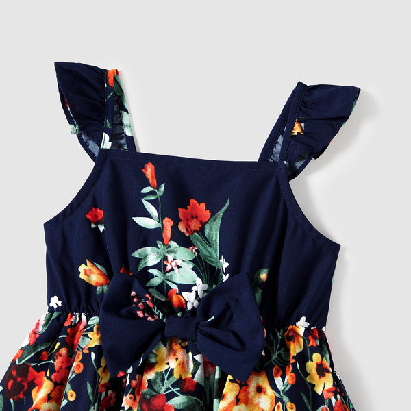 Family Matching Colorblock T-shirt and Floral V-neck Belted Slip Dress Set