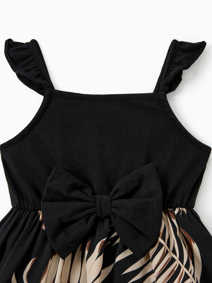Family Matching Floral Print Belted Cami Dresses And Solid Short Sleeve Tops Sets Black