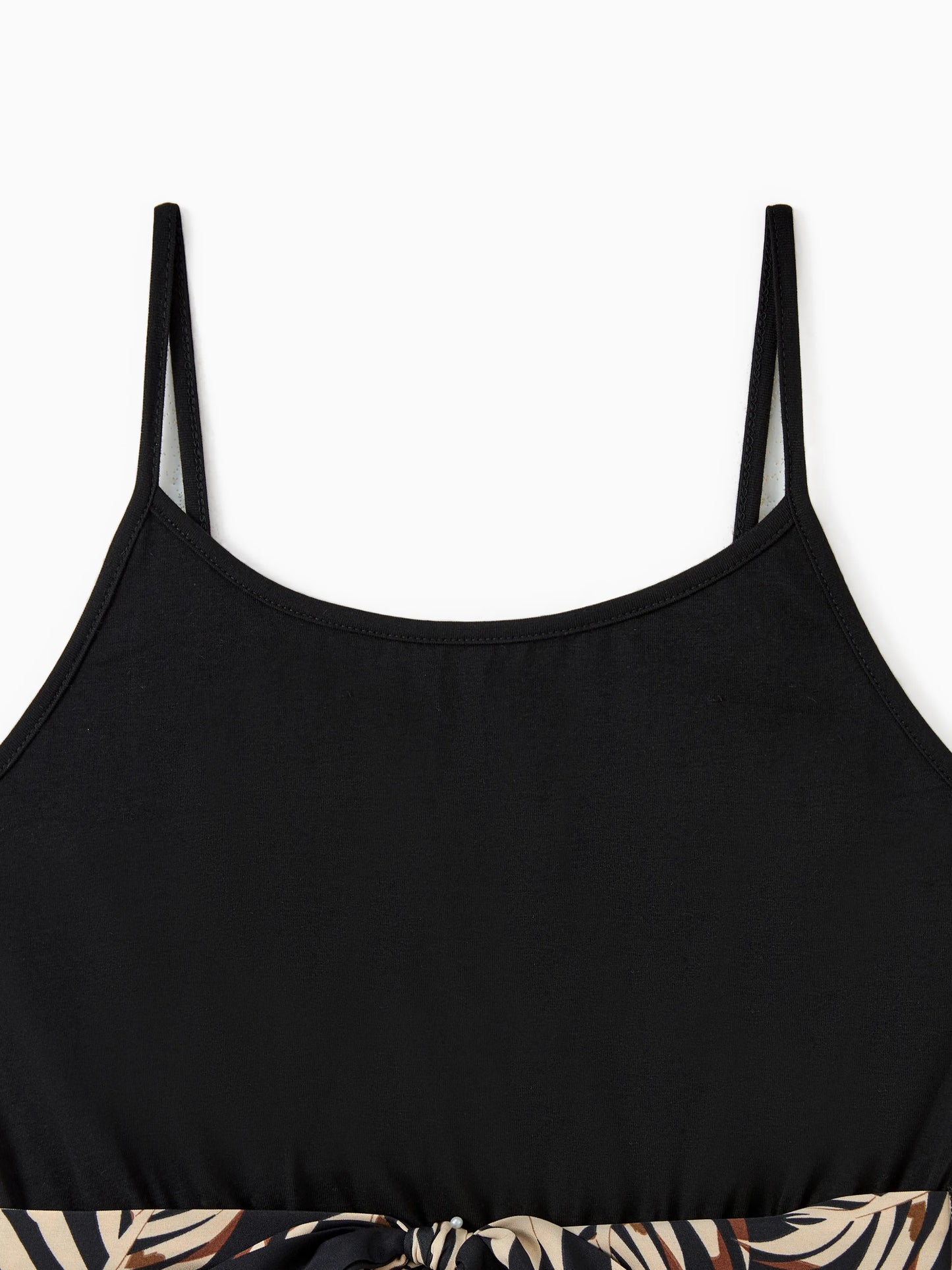 Family Matching Floral Print Belted Cami Dresses And Solid Short Sleeve Tops Sets Black