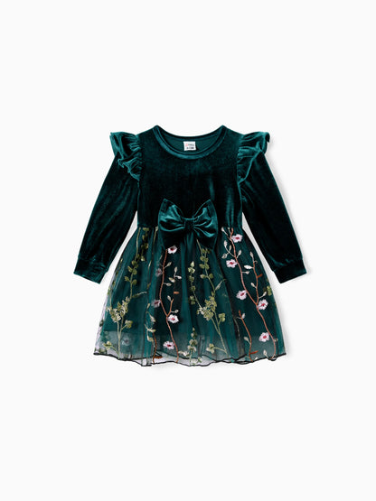 Mommy and Me Casual Dresses - Big Flower Print, Medium Thickness, Short Sleeve, Opaque, Regular Fit Dark Green