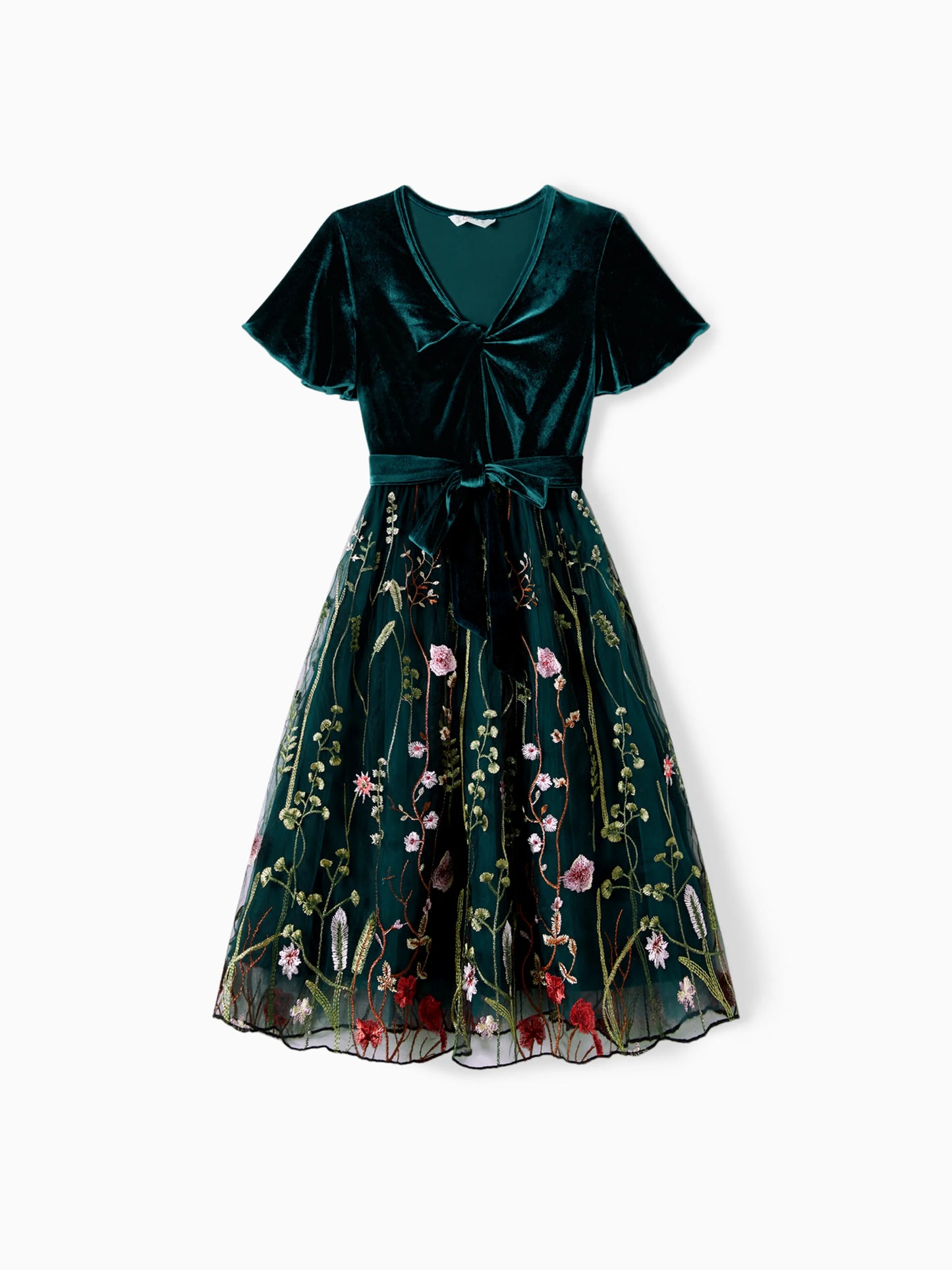 Mommy and Me Casual Dresses - Big Flower Print, Medium Thickness, Short Sleeve, Opaque, Regular Fit Dark Green