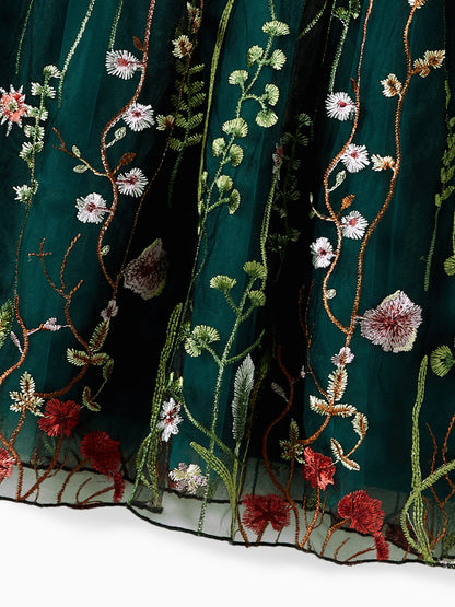 Mommy and Me Casual Dresses - Big Flower Print, Medium Thickness, Short Sleeve, Opaque, Regular Fit Dark Green